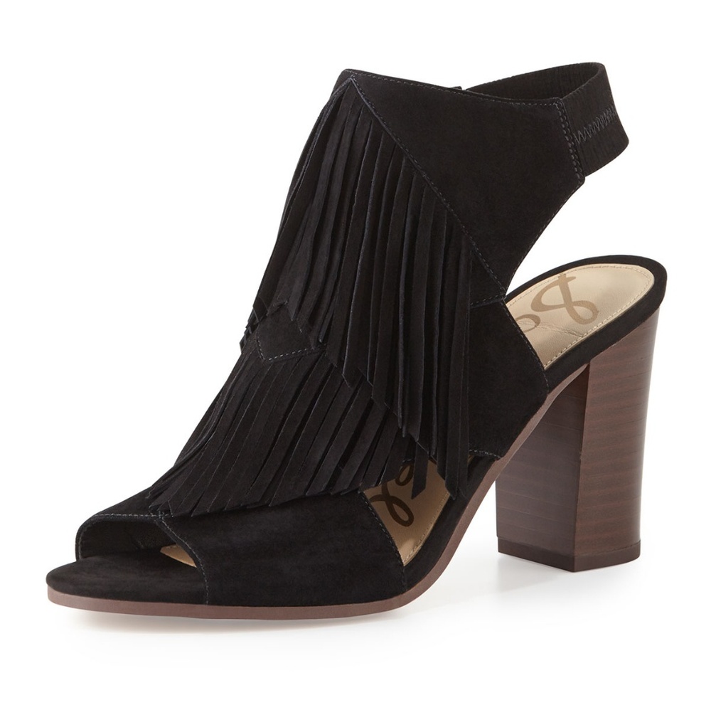 Sam Edelman Suede Sandal Fringe Trim Black Opentoe